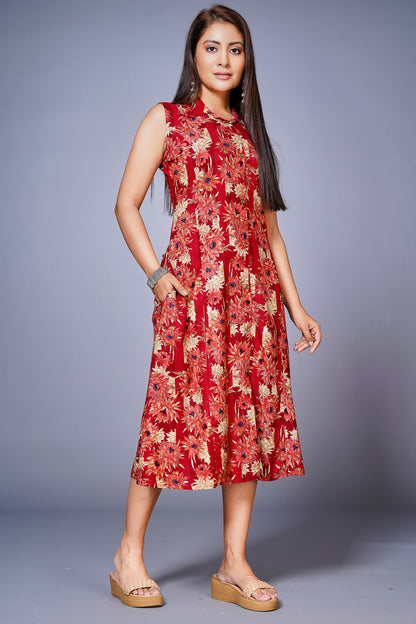 Womens Cotton Printed Flared Casual Dress - Red