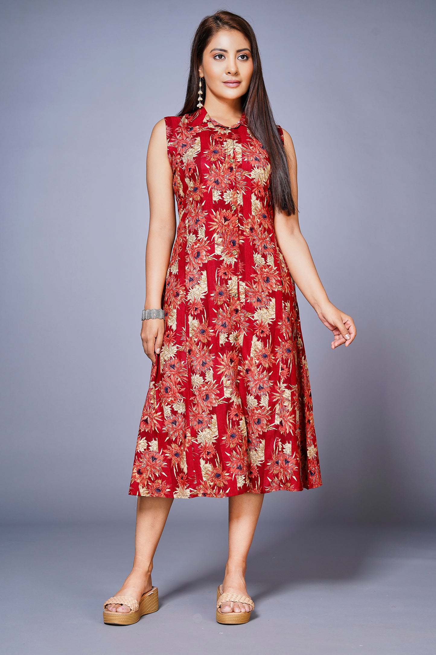 Womens Cotton Printed Flared Casual Dress - Red