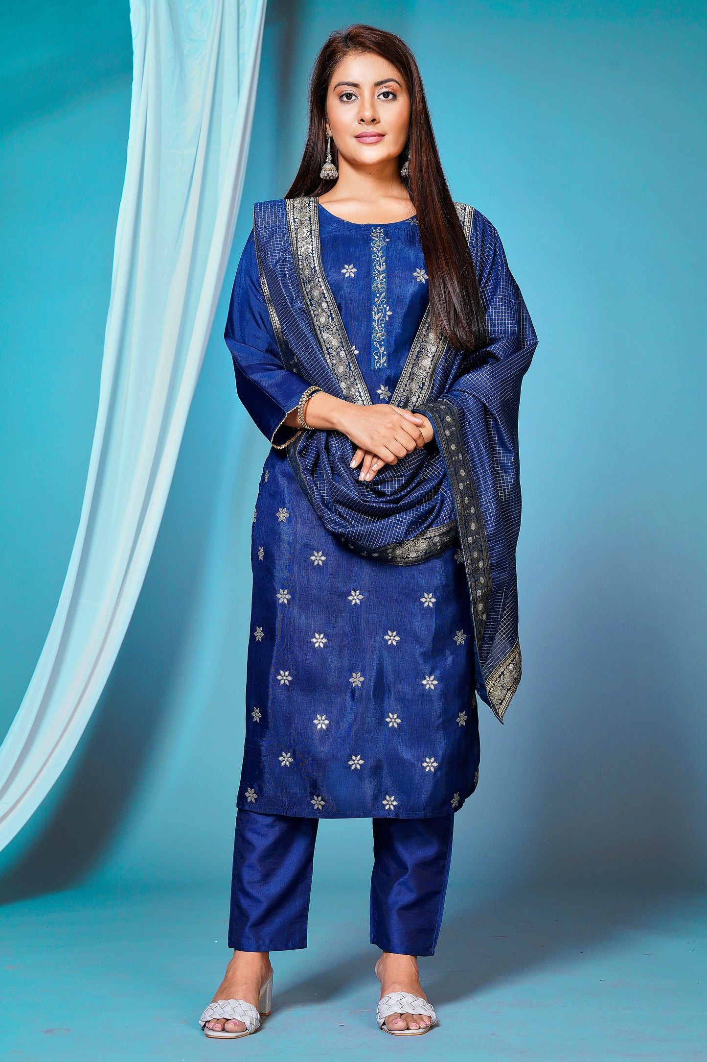 Women's Russian Silk Embroided Stright Kurta With Pant and Dupatta