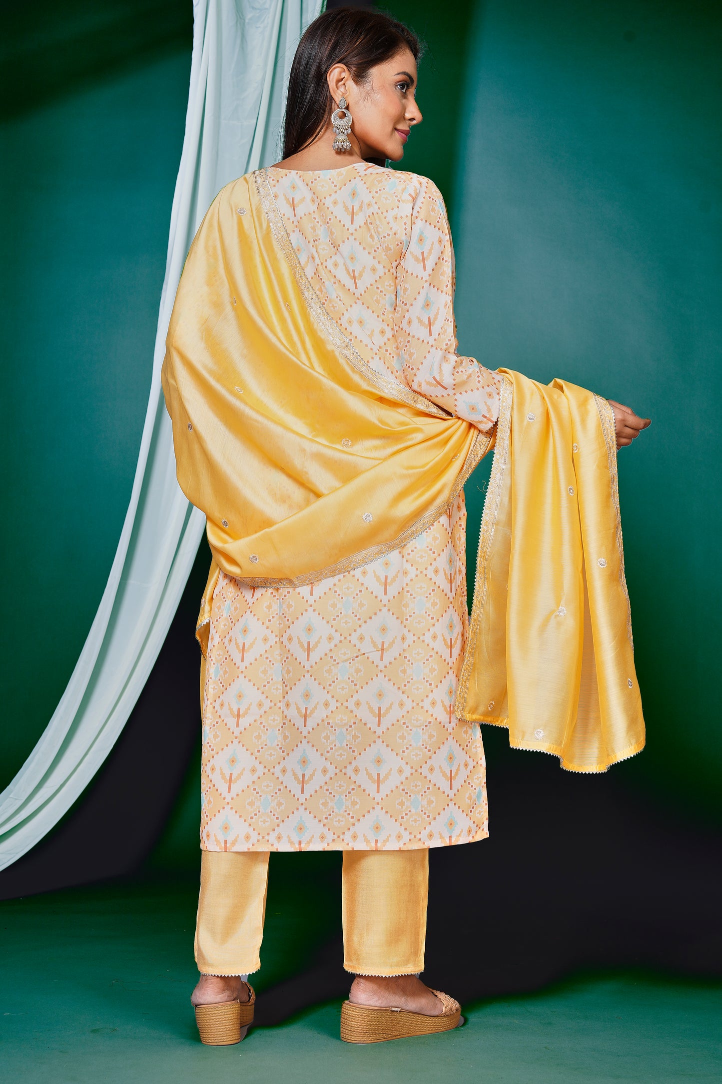 Women's Muslin Embroided Stright Kurta With Pant and Dupatta - Yellow