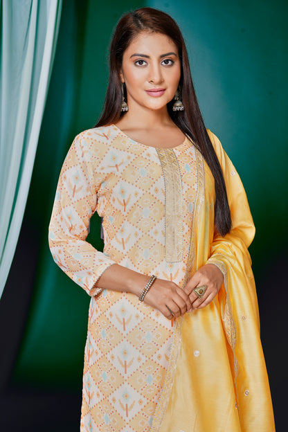 Women's Muslin Embroided Stright Kurta With Pant and Dupatta - Yellow