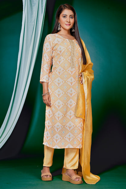 Women's Muslin Embroided Stright Kurta With Pant and Dupatta - Yellow