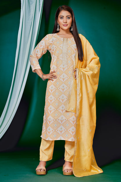 Women's Muslin Embroided Stright Kurta With Pant and Dupatta - Yellow