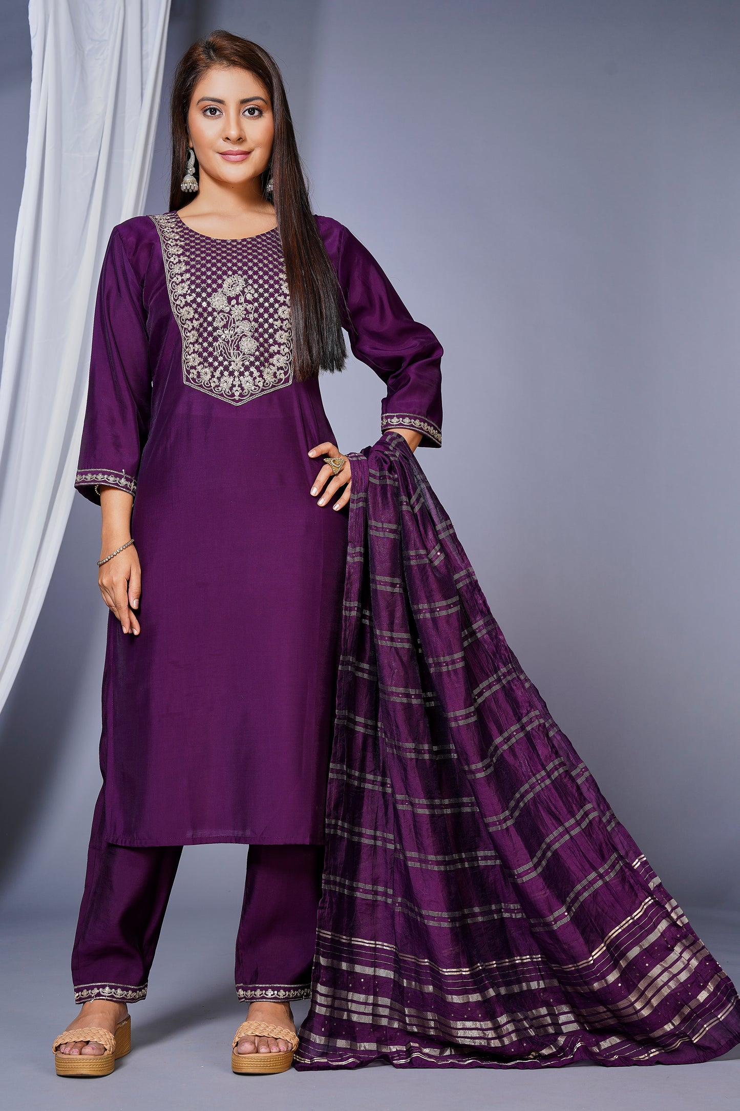 Women's Roman Silk Embroidered Straight Kurta Set With Pant and Dupatta -Purple