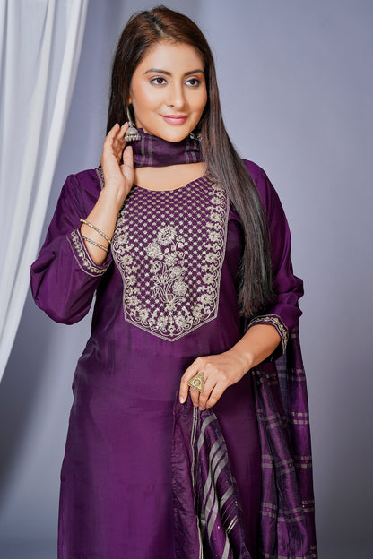 Women's Roman Silk Embroidered Straight Kurta Set With Pant and Dupatta -Purple