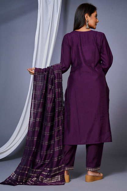 Women's Roman Silk Embroidered Straight Kurta Set With Pant and Dupatta -Purple