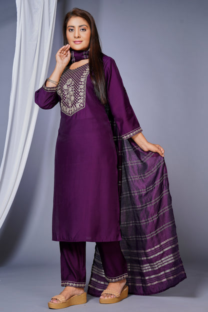 Women's Roman Silk Embroidered Straight Kurta Set With Pant and Dupatta -Purple