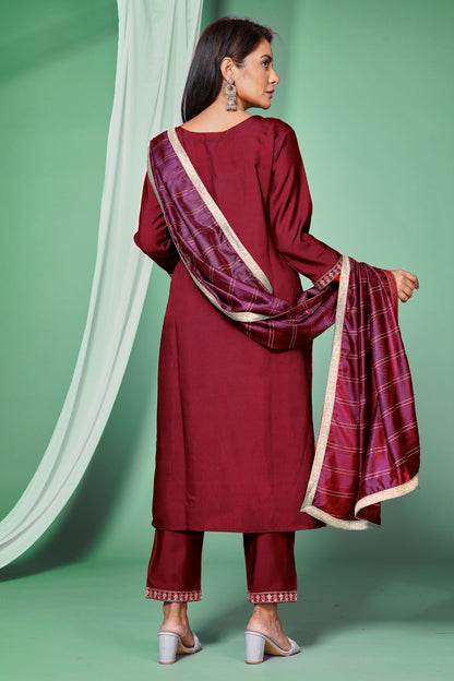 Women's Roman Silk Embroided Stright Kurta With Pant and Dupatta | Maroon