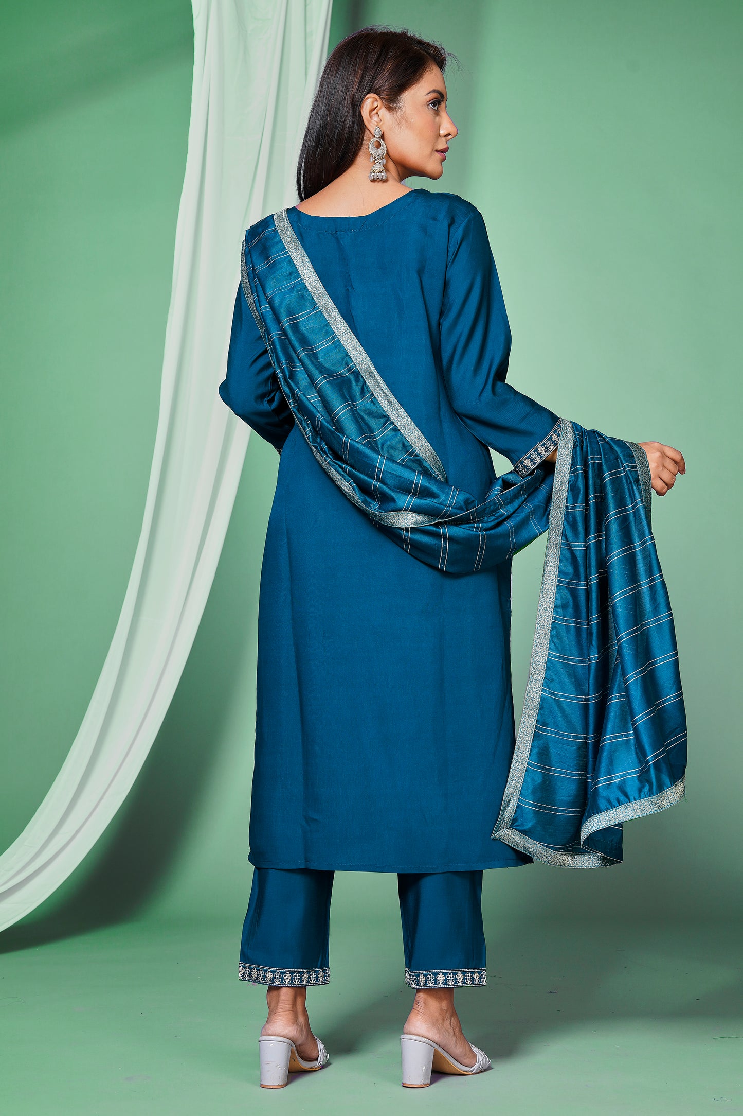 Women's Roman Silk Embroided Stright Kurta With Pant and Dupatta | Blue