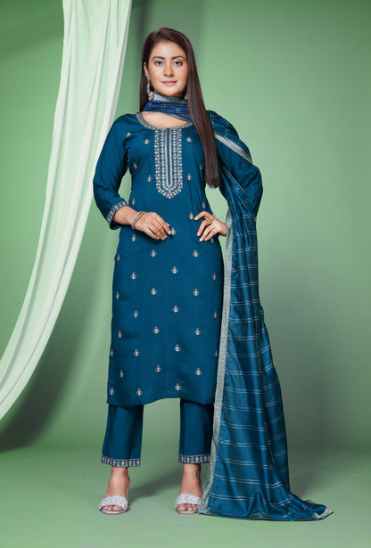 Women's Roman Silk Embroided Stright Kurta With Pant and Dupatta | Blue