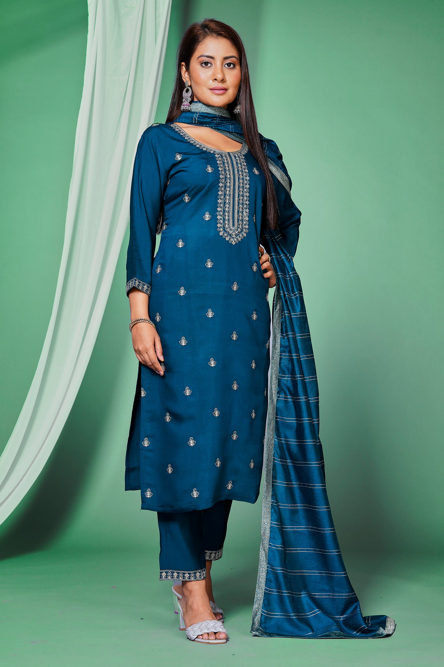 Women's Roman Silk Embroided Stright Kurta With Pant and Dupatta | Blue