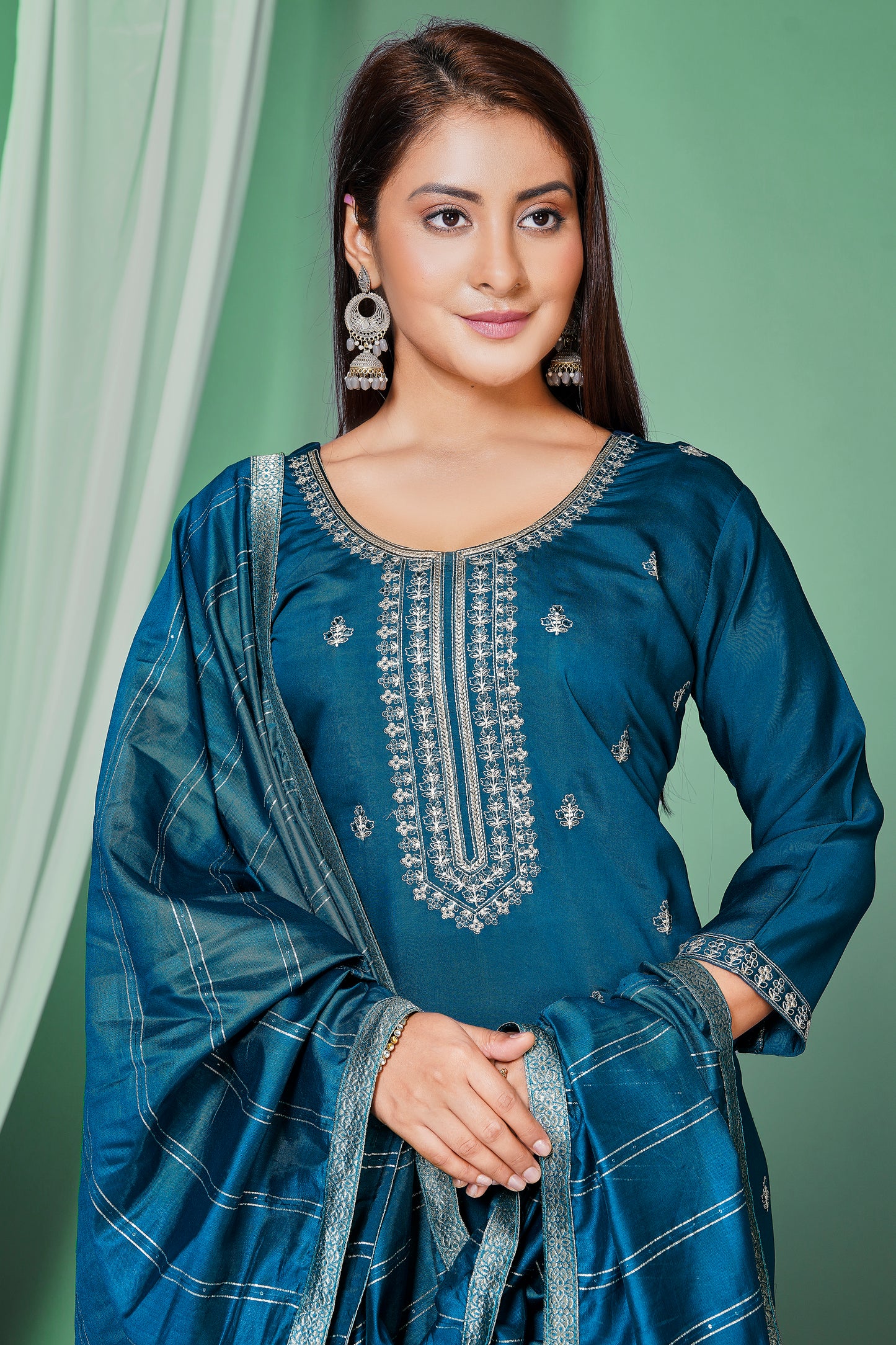 Women's Roman Silk Embroided Stright Kurta With Pant and Dupatta | Blue