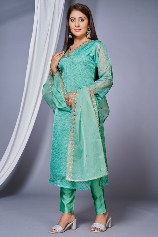 Women's Organza Embroided Stright Kurta With Pant and Dupatta - Rama