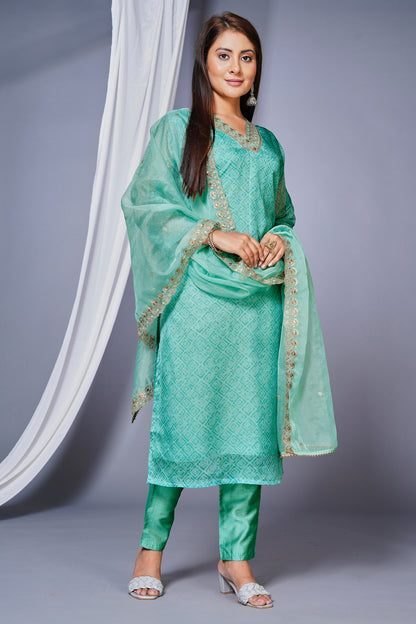 Women's Organza Embroided Stright Kurta With Pant and Dupatta - Rama