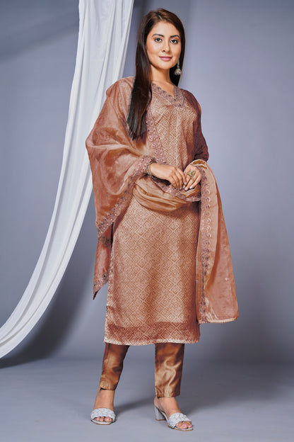 Women's Organza Embroided Stright Kurta With Pant and Dupatta - Rust