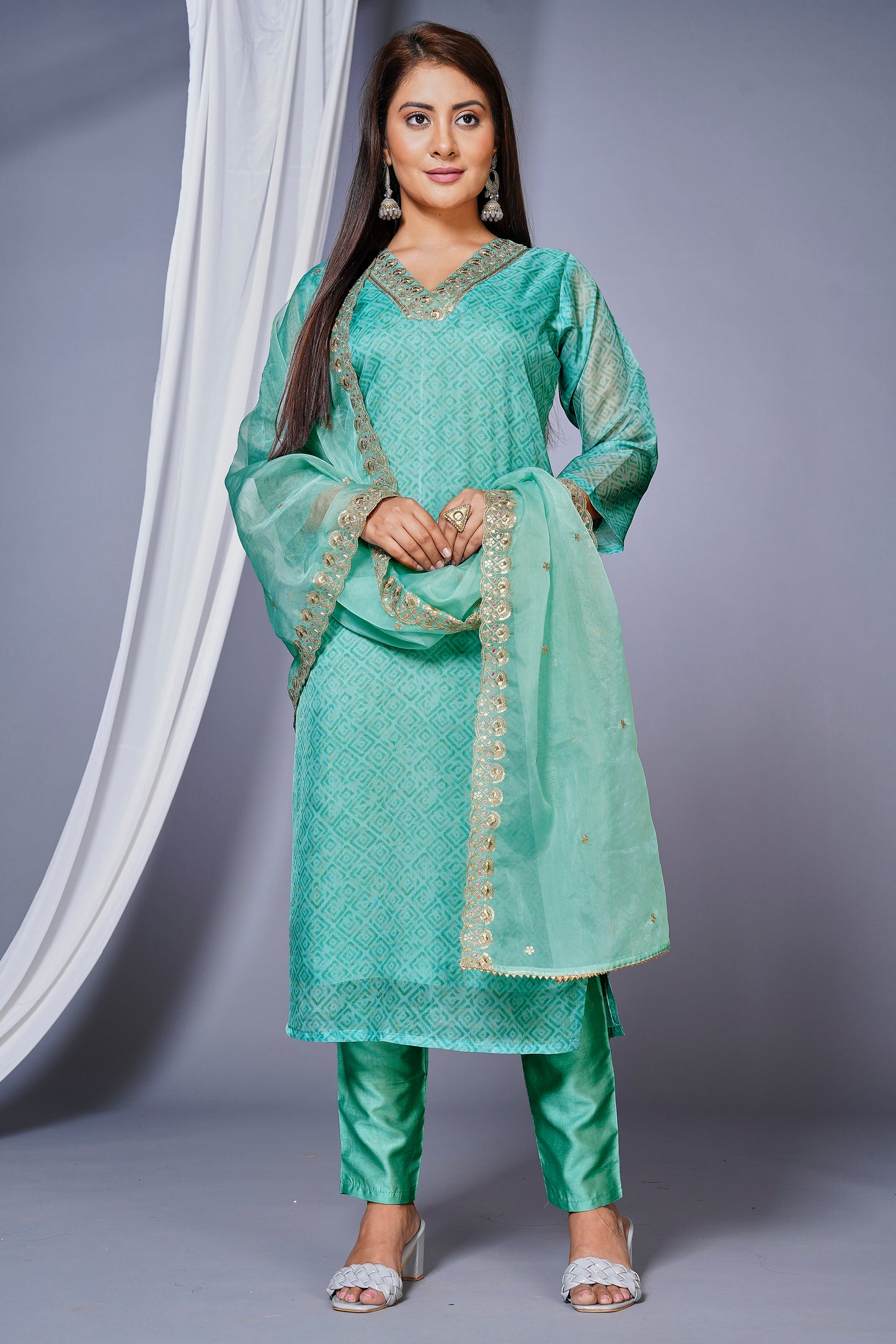 Women's Organza Embroided Stright Kurta With Pant and Dupatta - Rama