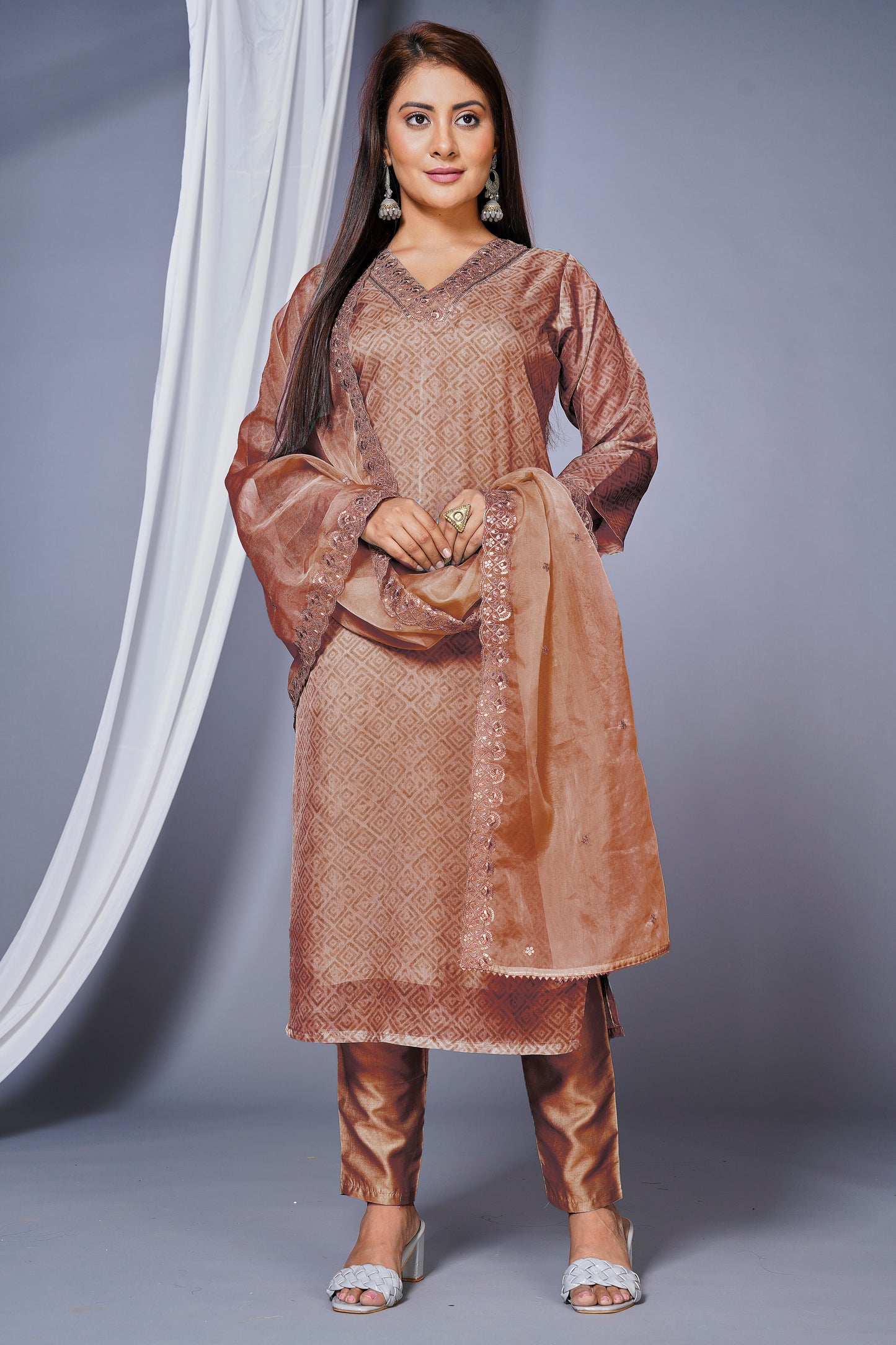 Women's Organza Embroided Stright Kurta With Pant and Dupatta - Rust