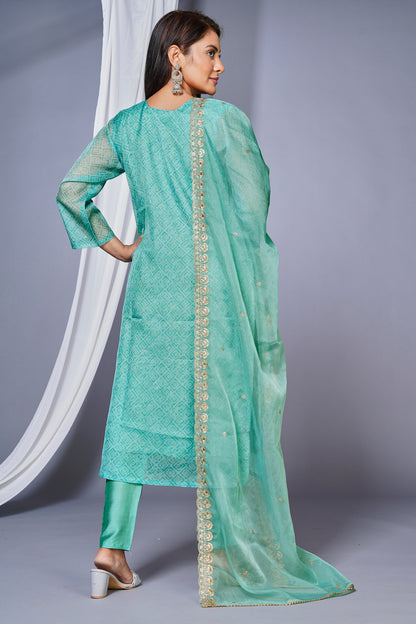 Women's Organza Embroided Stright Kurta With Pant and Dupatta - Rama