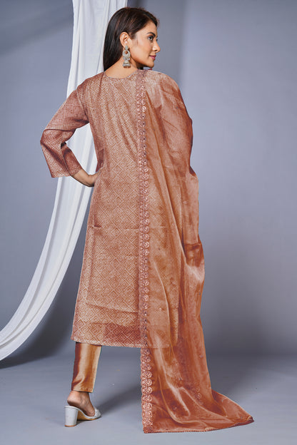 Women's Organza Embroided Stright Kurta With Pant and Dupatta - Rust