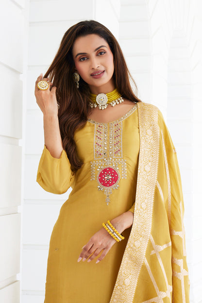 Women's Kanjivaram Silk Embroided Stright Kurta With Pant and Dupatta| Yellow