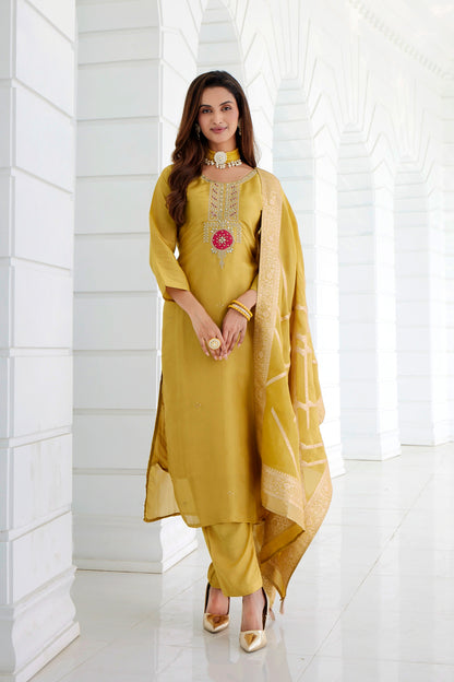 Women's Kanjivaram Silk Embroided Stright Kurta With Pant and Dupatta| Yellow