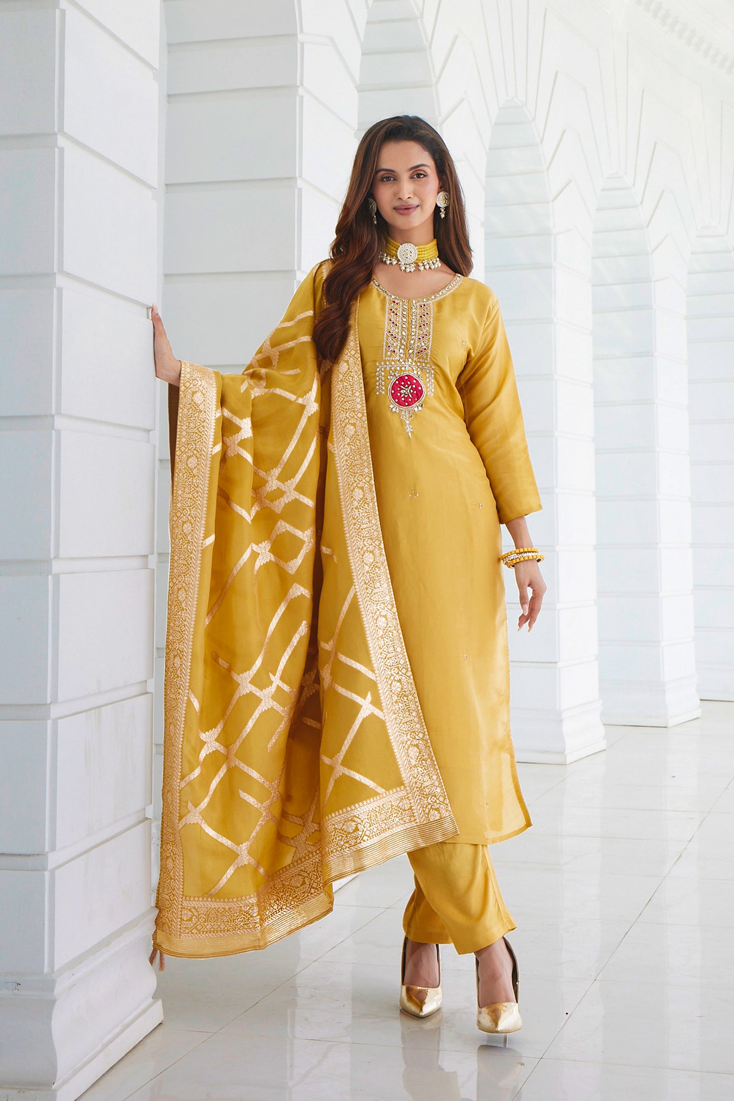 Women's Kanjivaram Silk Embroided Stright Kurta With Pant and Dupatta| Yellow