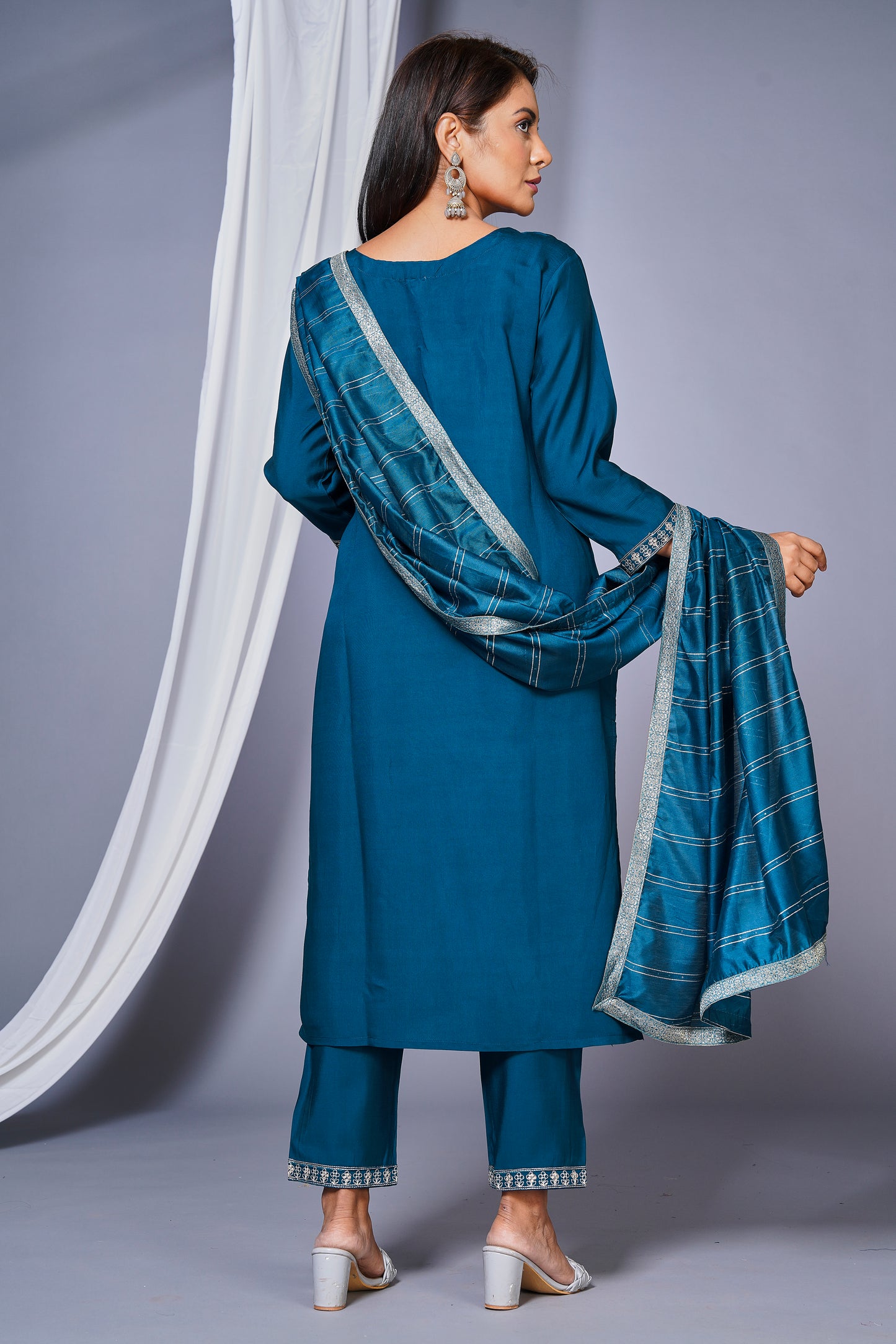 Women's Roman Silk Embroidered Straight Kurta Set With Pant and Dupatta -Blue