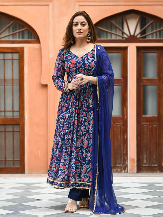 Beautiful Rayon Fabric procin Printed Long gown Kurti With Pant And Dupatta