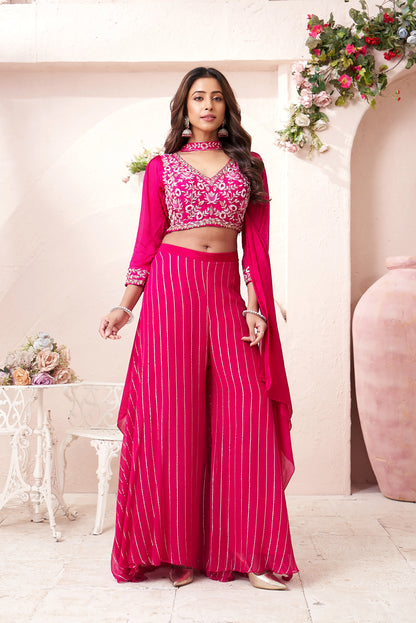 Elegant Chinon Crop Top & Palazzo Set with Bow Neck Dupatta in Rani for Women