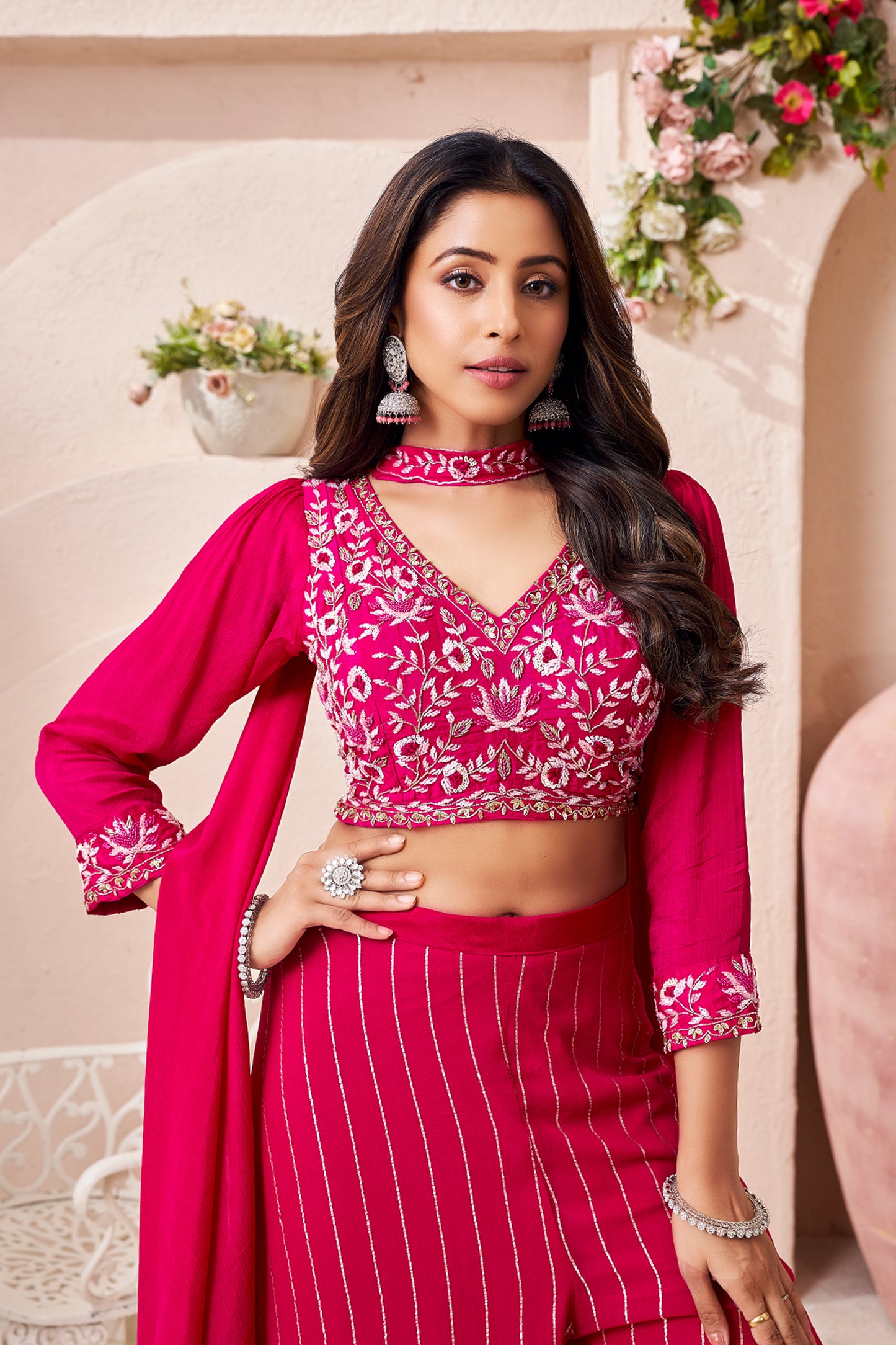 Elegant Chinon Crop Top & Palazzo Set with Bow Neck Dupatta in Rani for Women