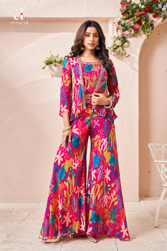 Elegant Printed Chinon Crop Top & Palazzo Set with Short Jacket for Women