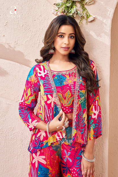 Elegant Printed Chinon Crop Top & Palazzo Set with Short Jacket for Women