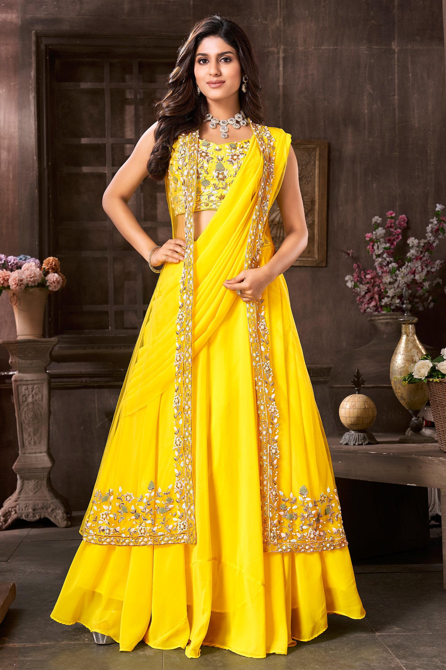 Geogette Lehnga Choli With  Embroidered Net Koti Banglori -Yellow