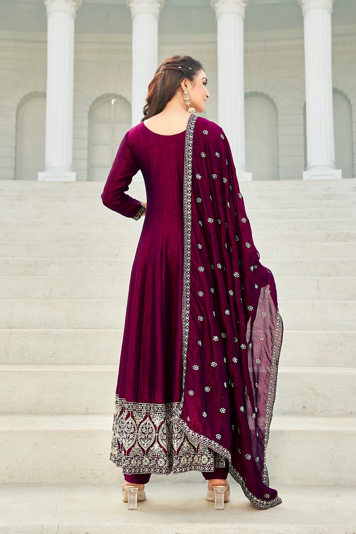 Silk Embroideried Kurta with Dupatta and Pant - Maroon