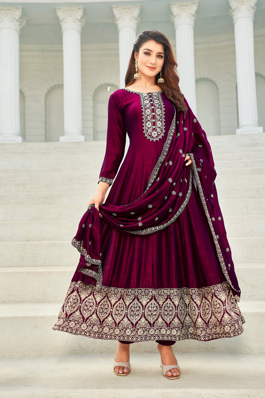 Silk Embroideried Kurta with Dupatta and Pant - Maroon