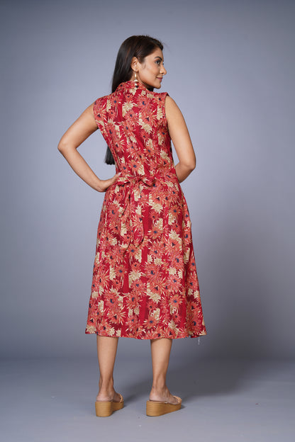 Womens Cotton Printed Flared Casual Dress - Red