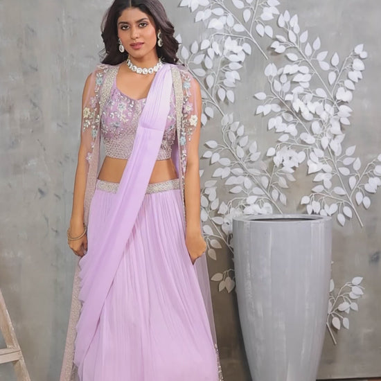 Geogette Lehnga Choli With Embroidered Net Koti Banglori- Lilac