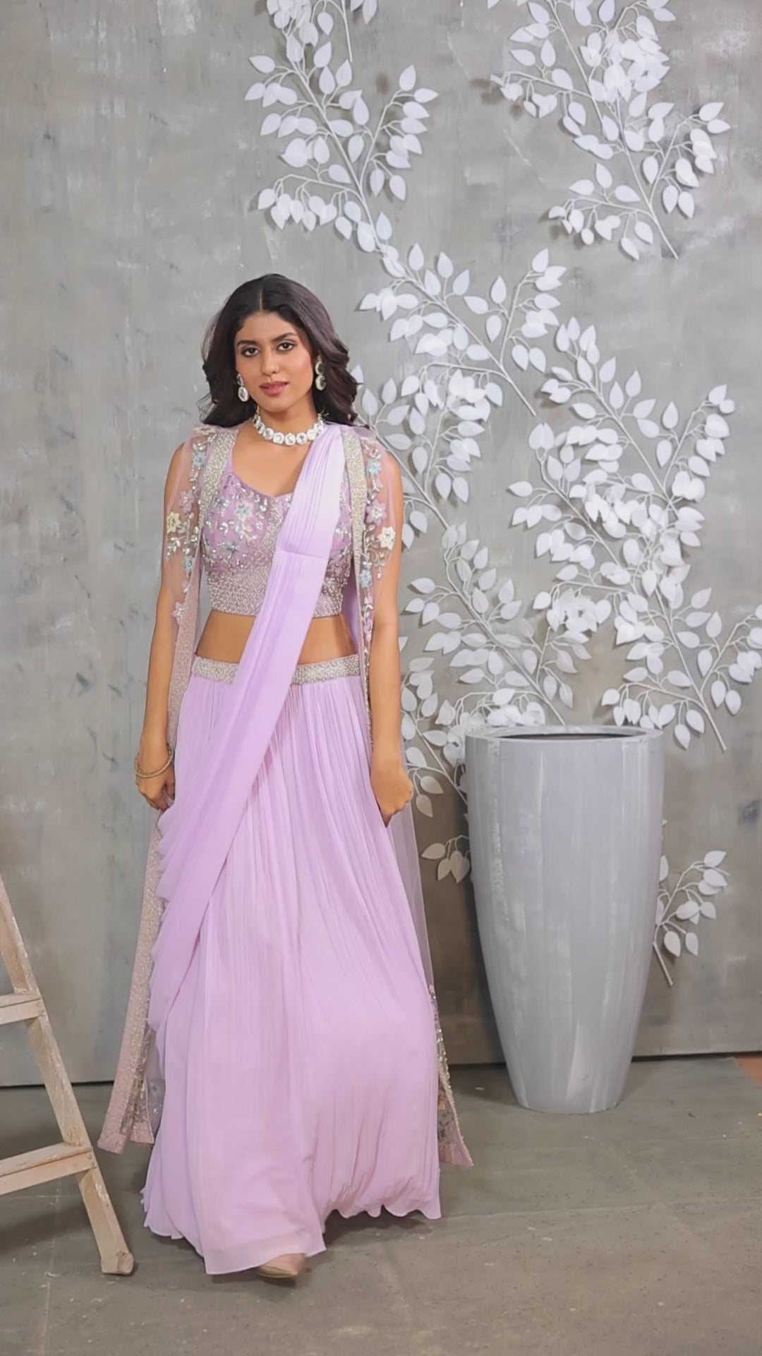 Geogette Lehnga Choli With Embroidered Net Koti Banglori- Lilac